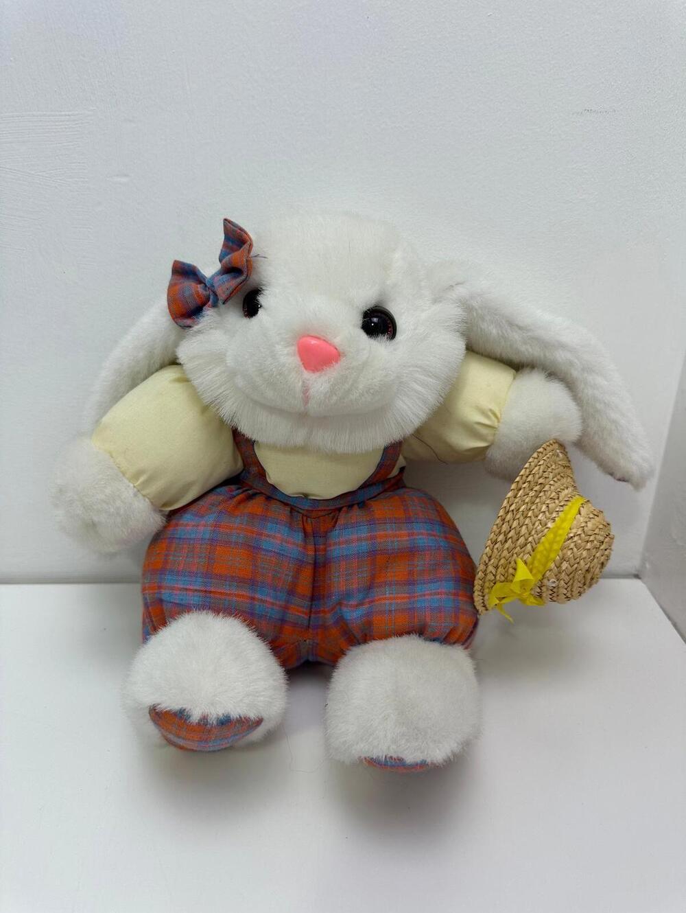 Vintage Bunny Plush Holding Hat Plaid Overalls, Vintage Collectible (7 inch)